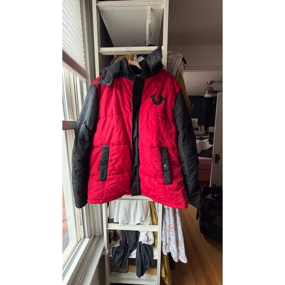 True Religion Hooded Puffer Jacket Womens XL Red Black Colorblock Q3M02DBX01213